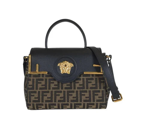 Fendi and Versace collaboration handbag in brown monogram canvas with black leather flap and gold Medusa hardware