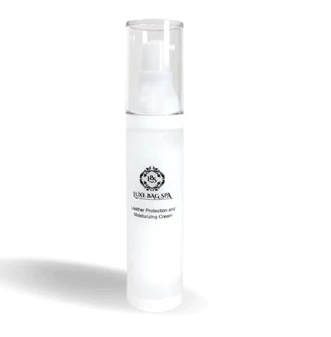 Luxe Bag Spa Leather Protection and Moisturizing Cream in a white pump bottle with clear cap on white background