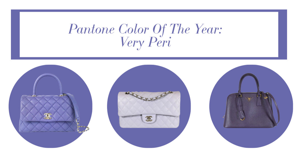 Graphic with three luxury handbags in very peri color and text Pantone Color Of The Year Very Peri