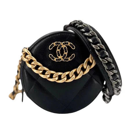 Chanel 19 round black leather bag with gold and silver chain strap and gold CC logo