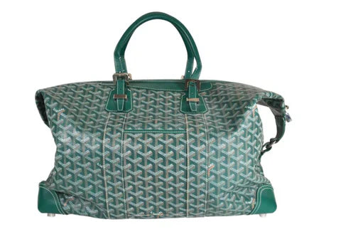Goyard green and beige patterned leather travel bag with green leather handles and silver hardware
