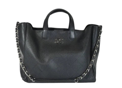 Chanel black leather tote bag with chain strap and silver hardware