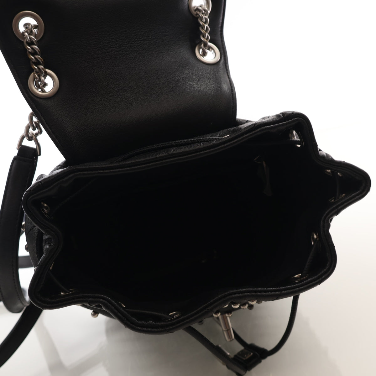 Pre-Owned Chanel Backpack Lambskin Stud Wars, open interior with lining
