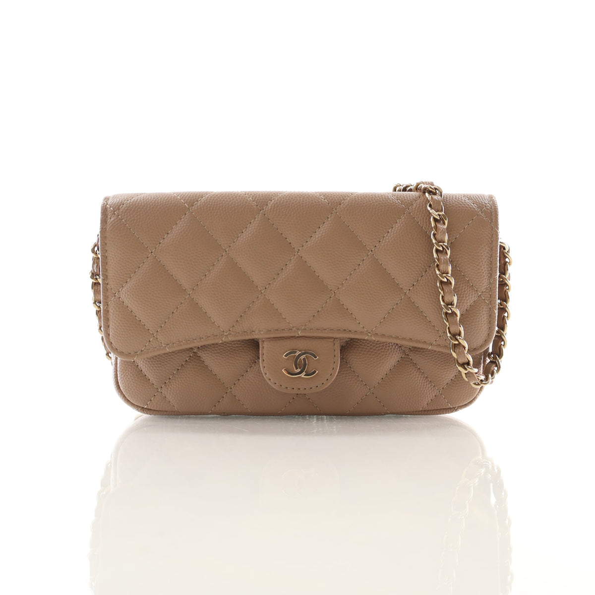 Pre-Owned Chanel Phone Holder Caviar Leather Flap With Chain, front view, authenticated at Luxe Du Jour