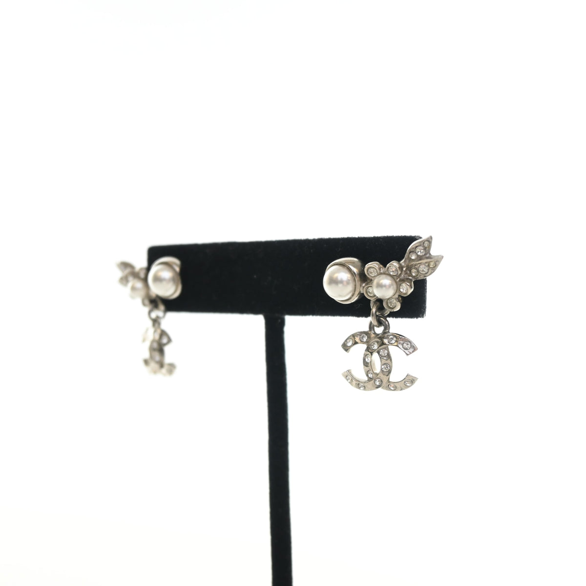 Pre-Owned Chanel Crystal CC Drop Earrings, silver hardware