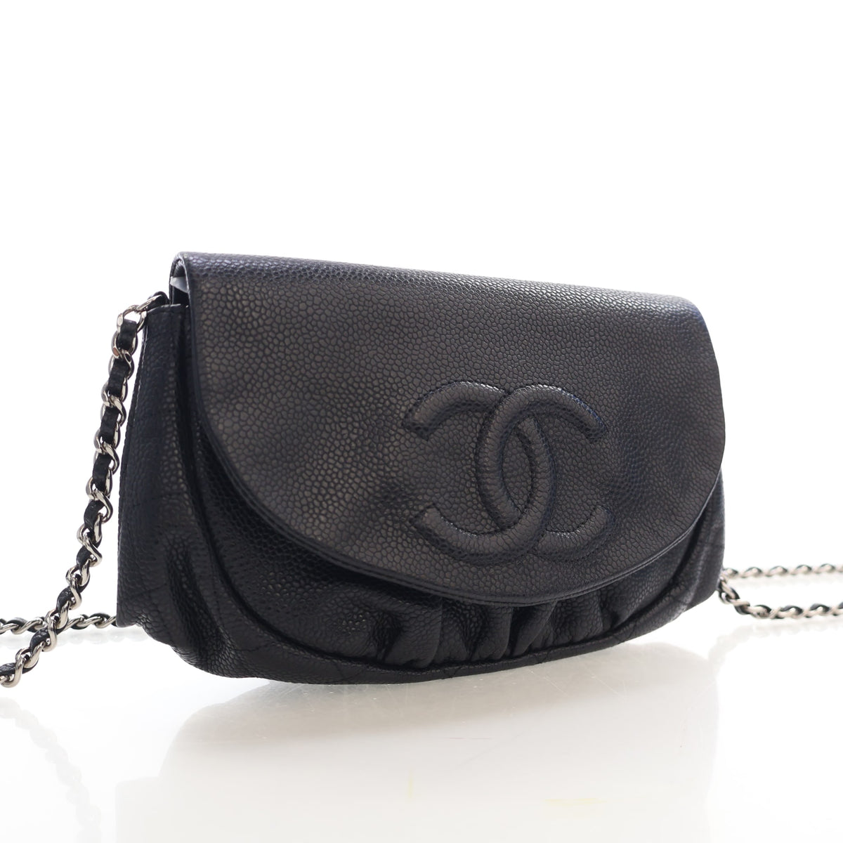 Pre-Owned Chanel Wallet On Chain Caviar Leather Half Moon WOC, three-quarter view, authenticated at Luxe Du Jour