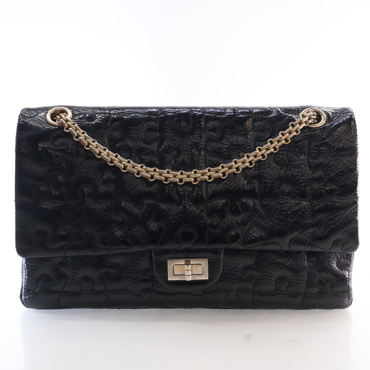 Pre-Owned Chanel Flap Bag Medium Crinkled Patent Leather Puzzle Reissue Double, front view, authenticated at Luxe Du Jour
