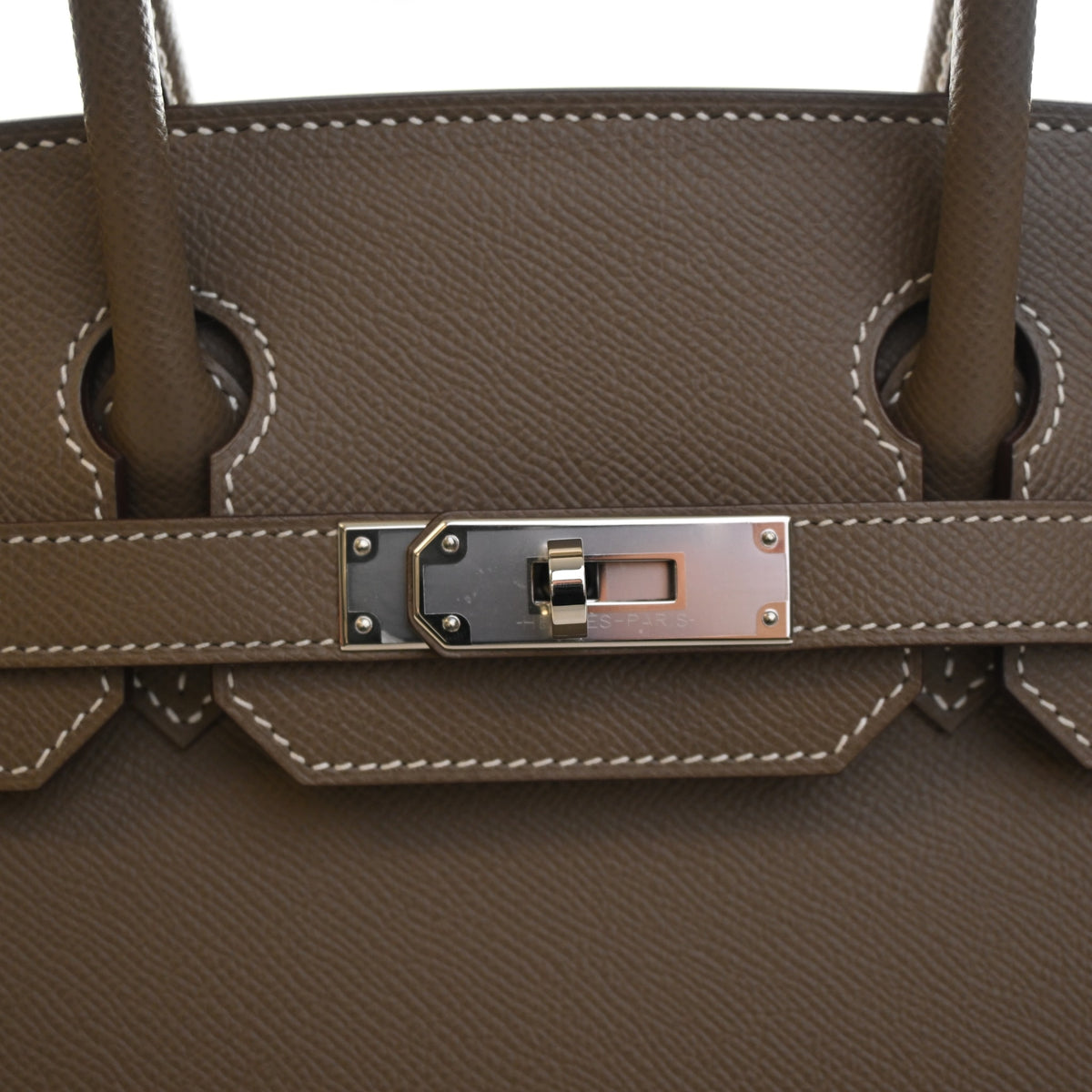 Pre-Owned Hermès Birkin 30 Etoupe Epsom Leather, silver hardware close-up