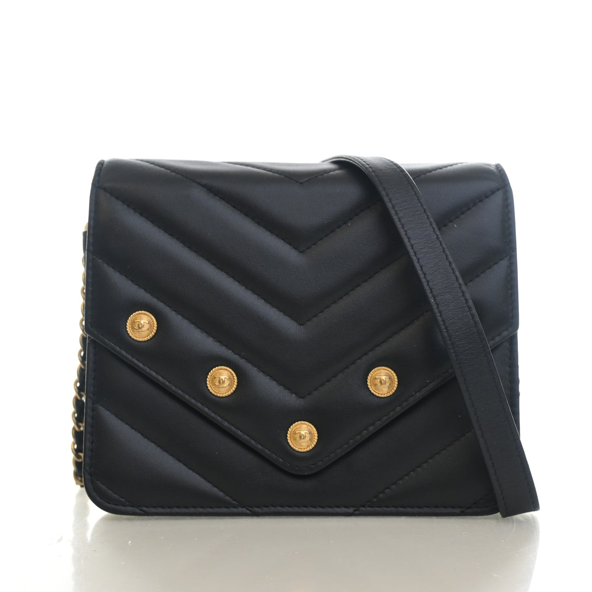 Pre-Owned Chanel Wallet On Chain Lambskin Button WOC, front view, authenticated at Luxe Du Jour