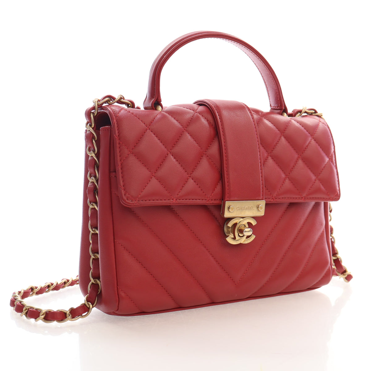 Pre-Owned Chanel Top Handle Calfskin In The City Bag, three-quarter view, authenticated at Luxe Du Jour