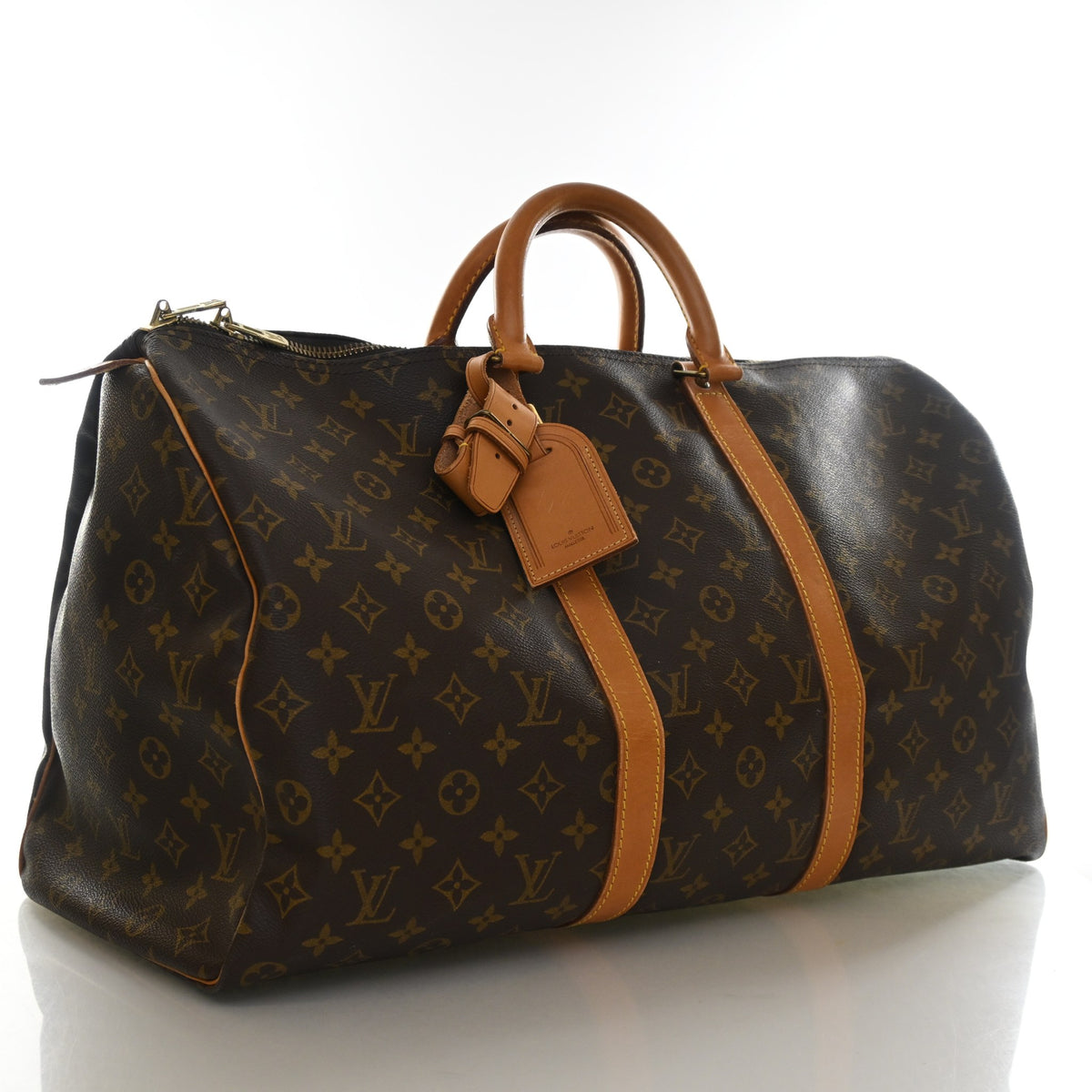 Vintage Louis Vuitton 50 Monogram Keepall, three-quarter view, authenticated at Luxe Du Jour