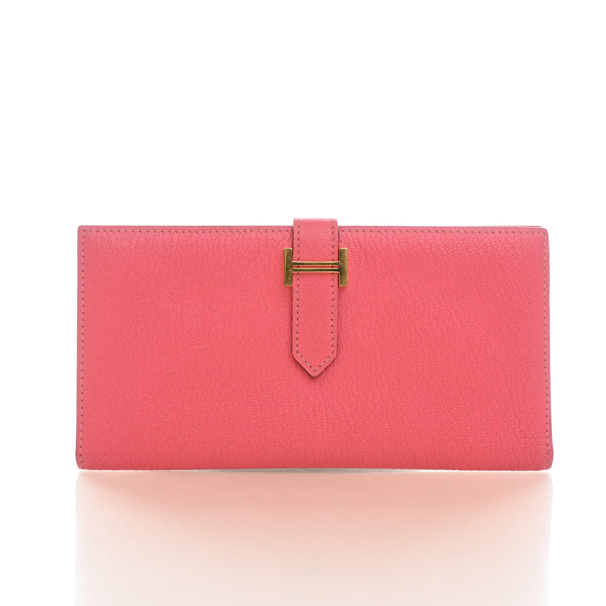 Pre-Owned Hermès Wallet Rose Lipstick Chevre Mysore Leather Bearn, front view, authenticated at Luxe Du Jour