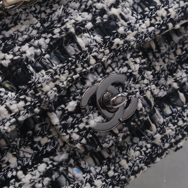 Pre-Owned Chanel Classic Double Flap Medium Tweed Bag, silver embossed logo detail