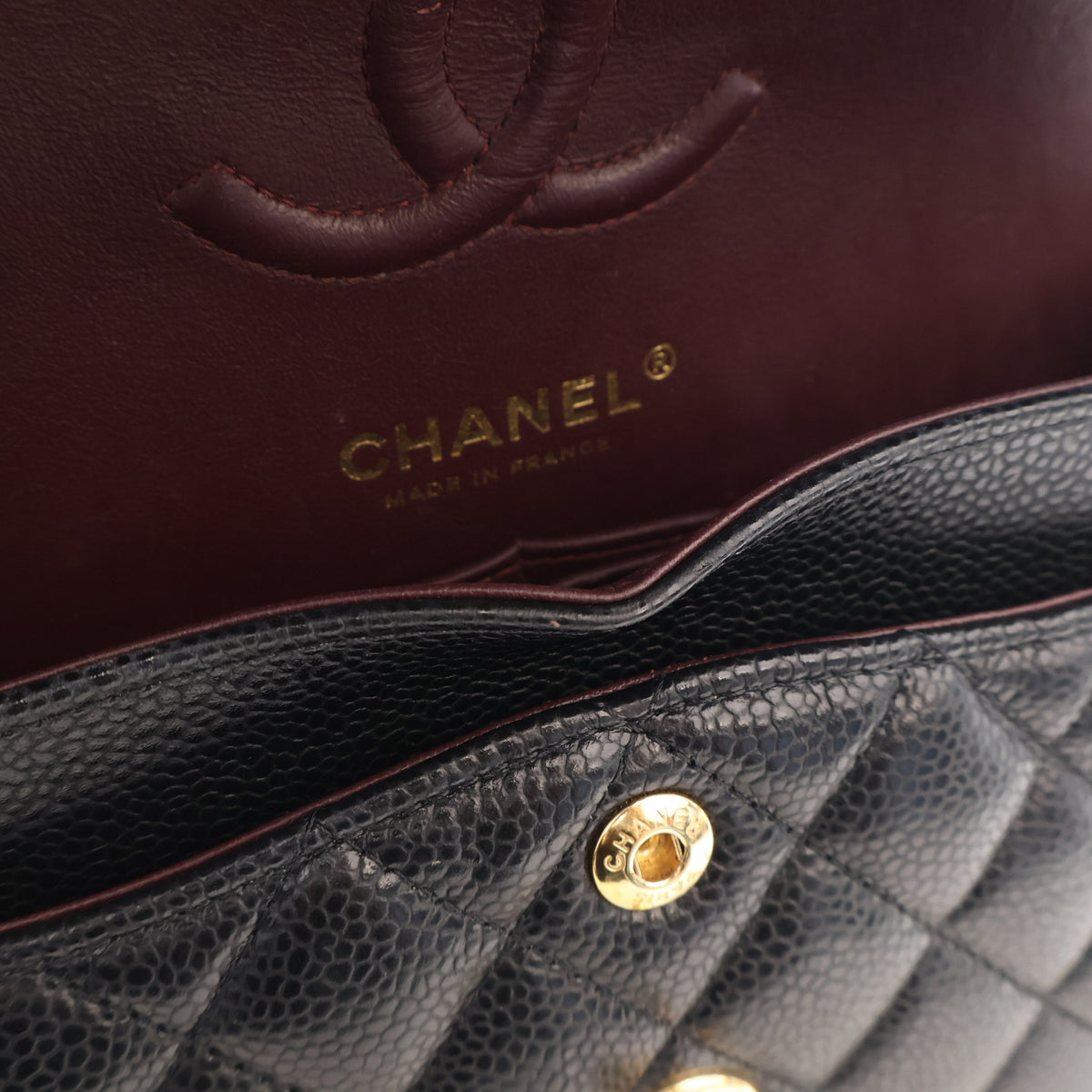 Pre-Owned Chanel Classic Double Flap Small Caviar Leather Bag, gold embossed logo detail, photo 16 of 19