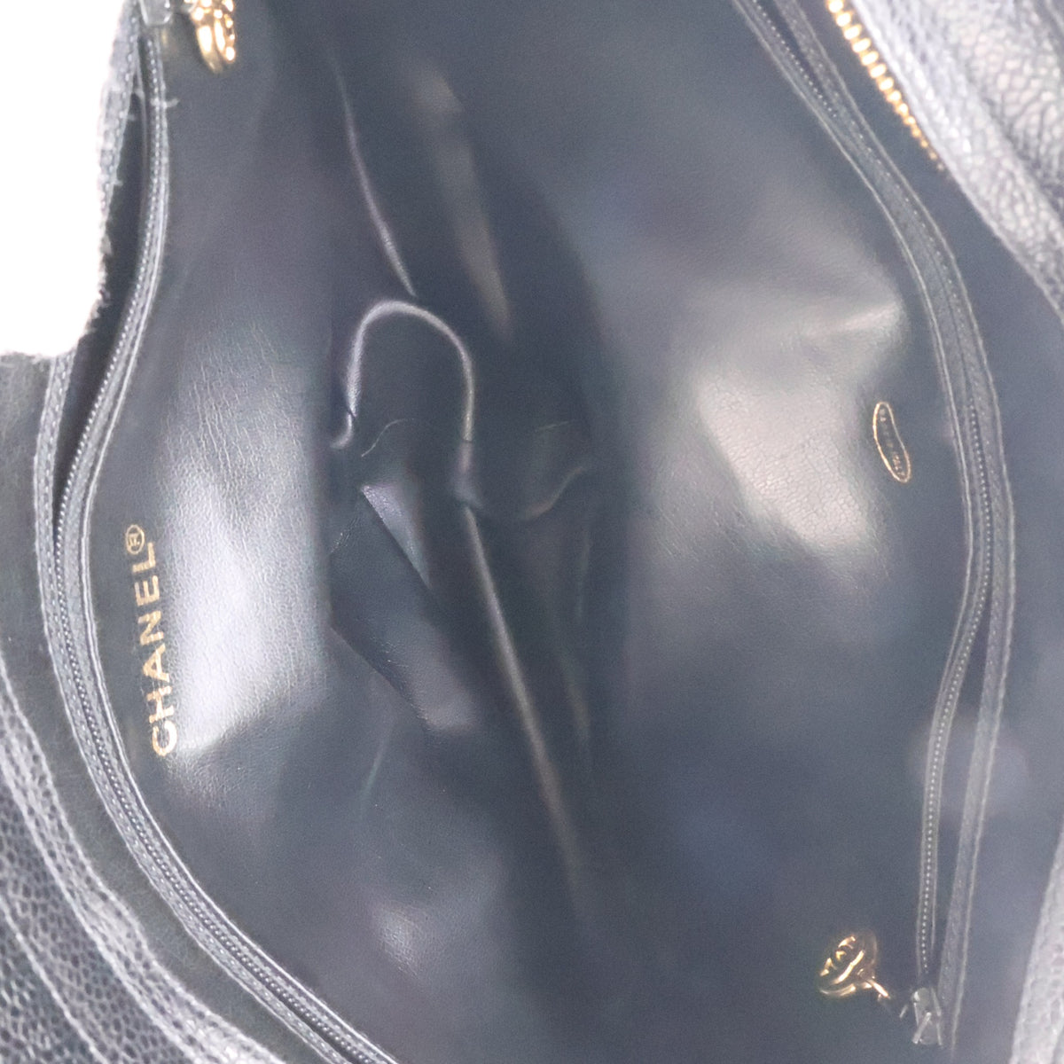 Vintage Chanel Shoulder Bag Medium Caviar Leather Triple CC, open interior with lining