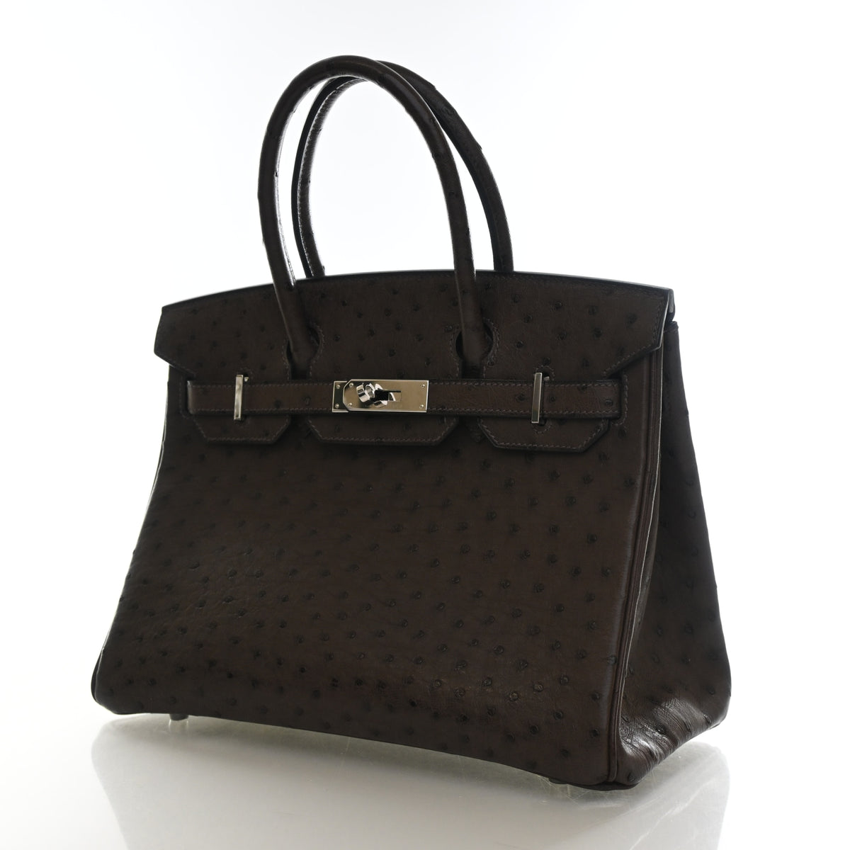 Vintage Hermès Birkin 30 Chocolat Ostrich Leather, three-quarter view