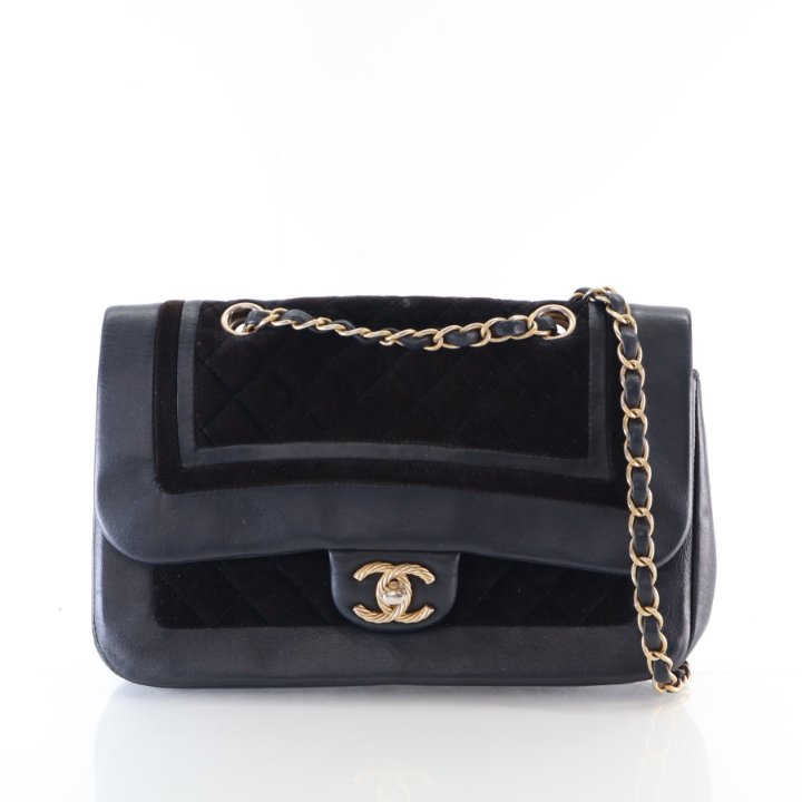 Pre-Owned Chanel Flap Bag Medium Metallic Lambskin Velvet Quilted, front view, authenticated at Luxe Du Jour