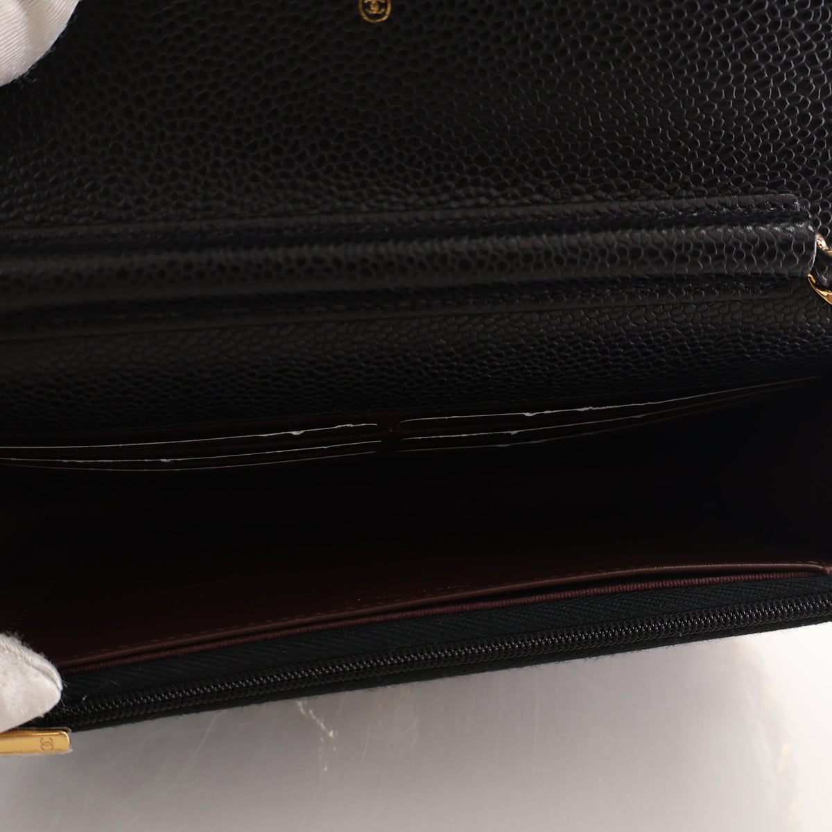 Pre-Owned Chanel Wallet On Chain Caviar Leather Classic WOC, open interior with lining, photo 14 of 16