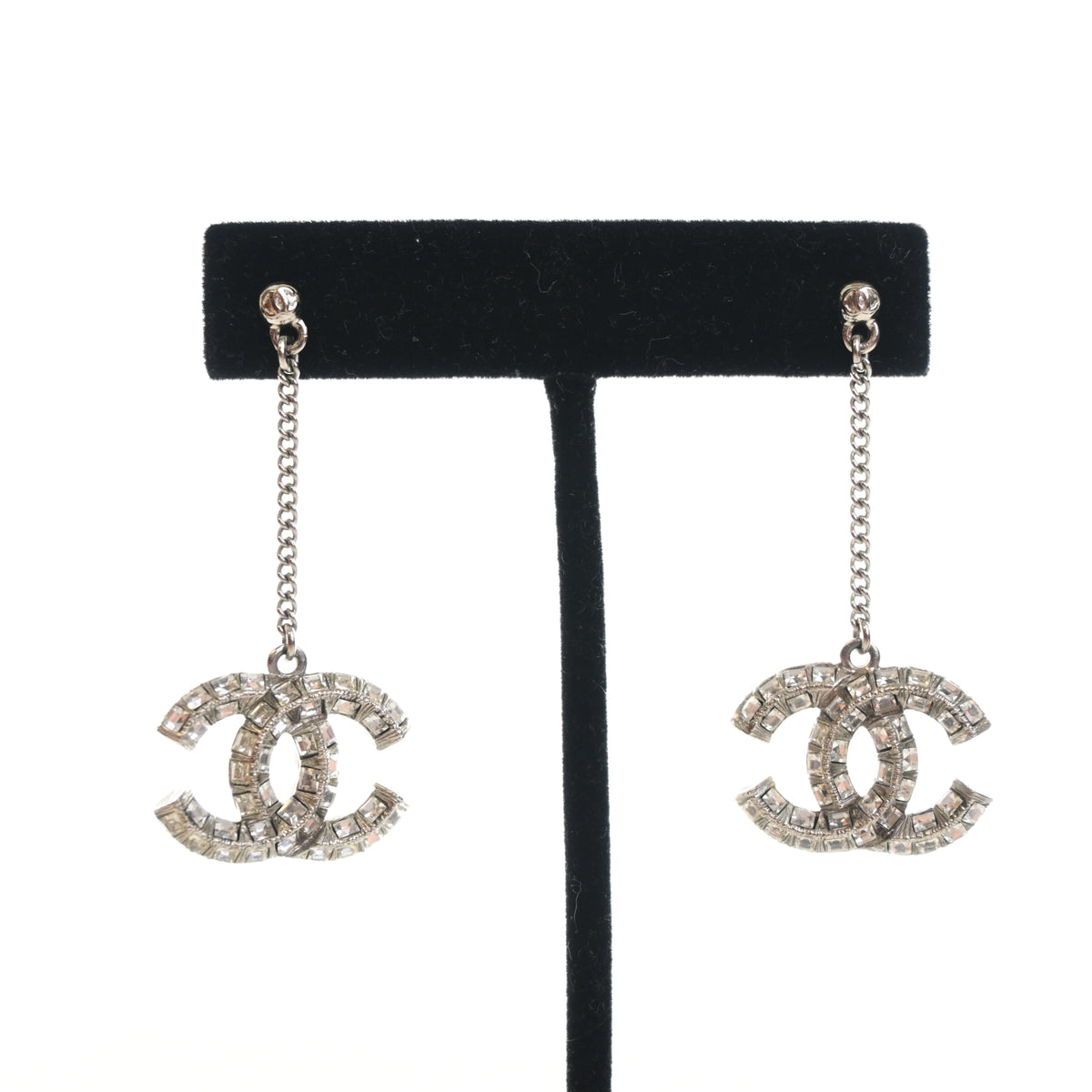 Pre-Owned Chanel Crystal CC Chain Drop Earrings, front view, authenticated at Luxe Du Jour