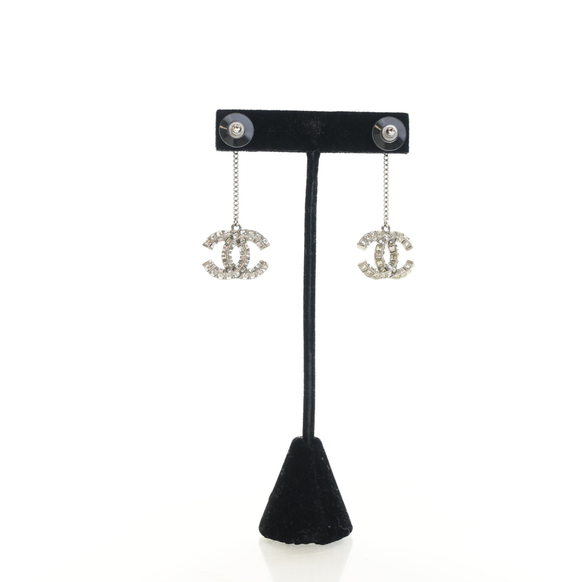 Pre-Owned Chanel Crystal CC Chain Drop Earrings, silver hardware