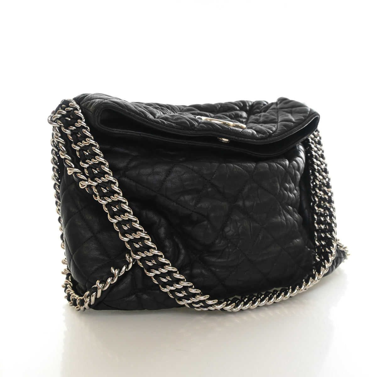Pre-Owned Chanel Hobo Chain Lambskin Around Bag, three-quarter view, authenticated at Luxe Du Jour