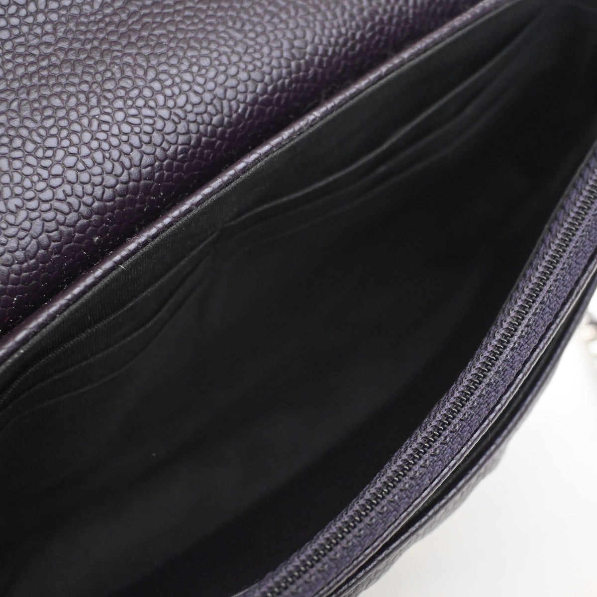 Pre-Owned Chanel Wallet On Chain Caviar Leather Half Moon WOC, open interior with lining