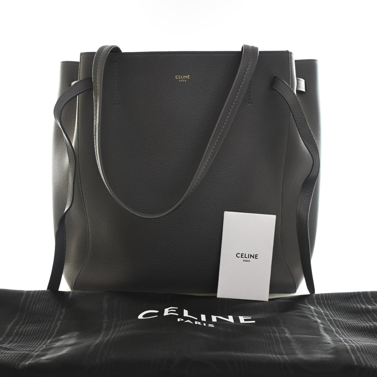 Pre-Owned Celine Medium Calfskin Cabas Drawstring Bag, shown with dust bag and packaging