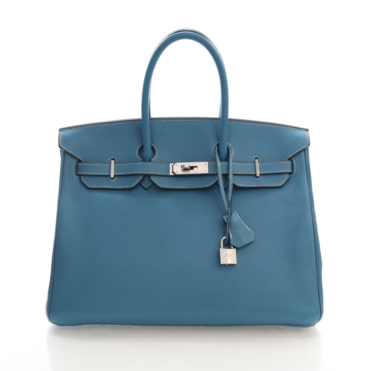 Pre-Owned Hermès Birkin 35 Blue Jean Togo Leather, front view, authenticated at Luxe Du Jour