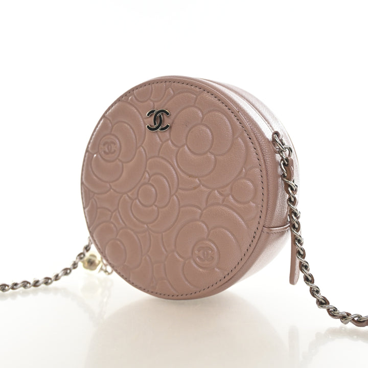 Chanel Goatskin Camellia Round Clutch On Chain