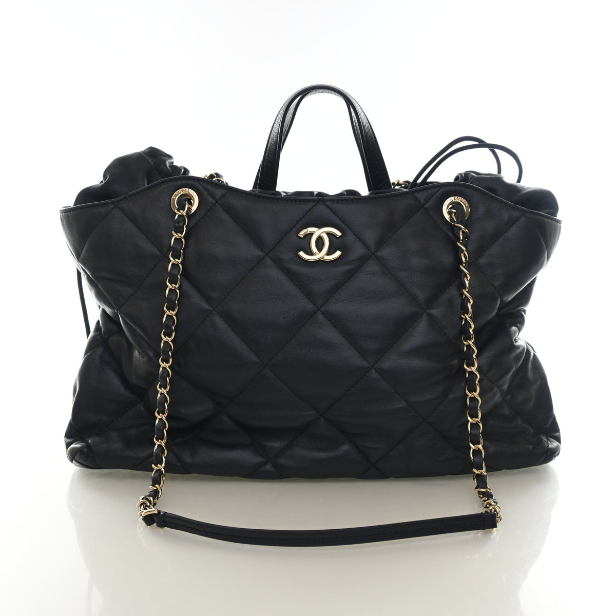 Pre-Owned Chanel Shopping Tote Calfskin CC Drawstring, front view, authenticated at Luxe Du Jour