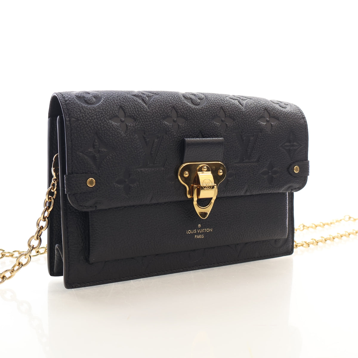 Pre-Owned Louis Vuitton Chain Wallet Monogram Empreinte Vavin, three-quarter view, authenticated at Luxe Du Jour