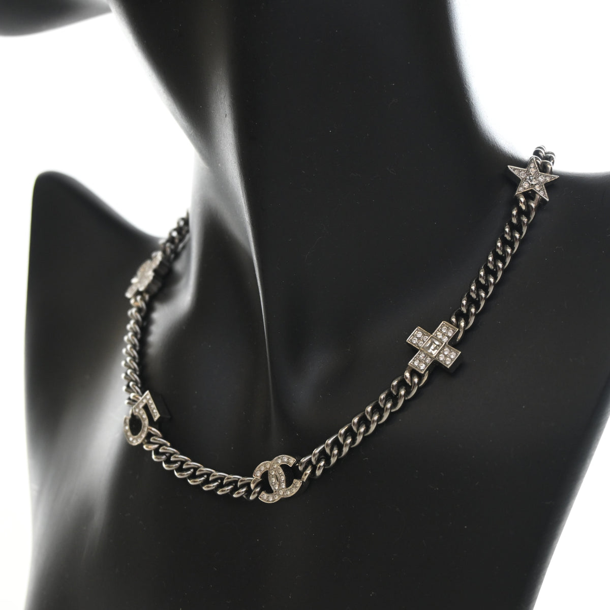 Pre-Owned Chanel Necklace Crystal CC Symbol Choker, worn on model, photo 6 of 9