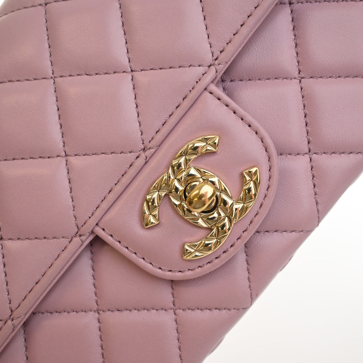 Pre-Owned Chanel Top Handle Mini Lambskin Rectangular Flap Bag, gold hardware close-up