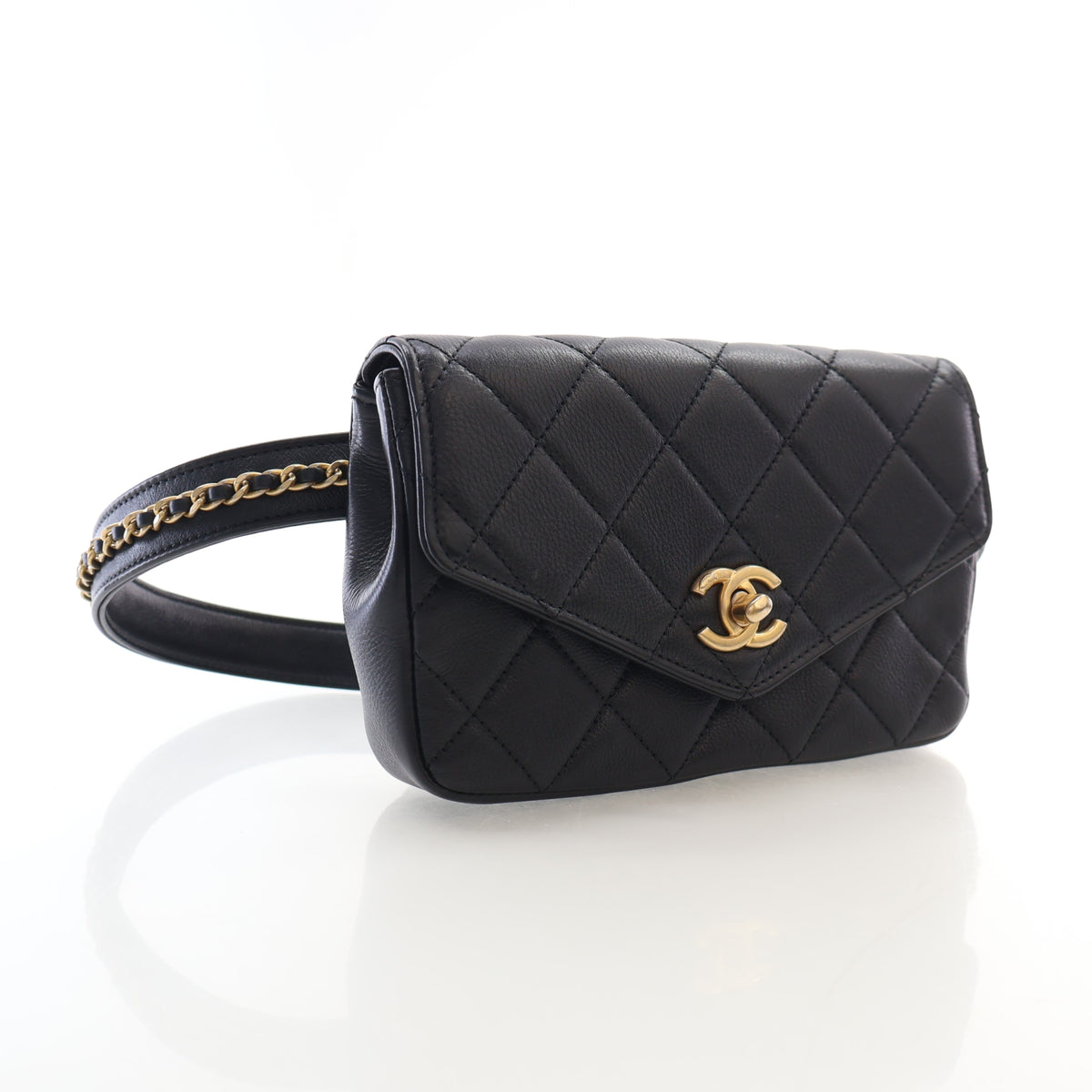 Pre-Owned Chanel Belt Bag Lambskin, three-quarter view, authenticated at Luxe Du Jour