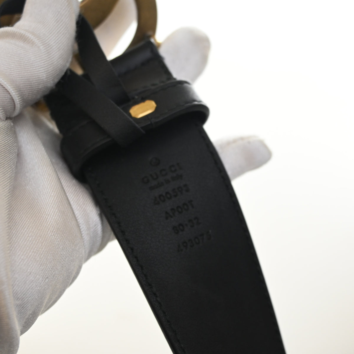 Pre-Owned Gucci Marmont Sz Calfskin Belt 80/32, gold embossed logo detail