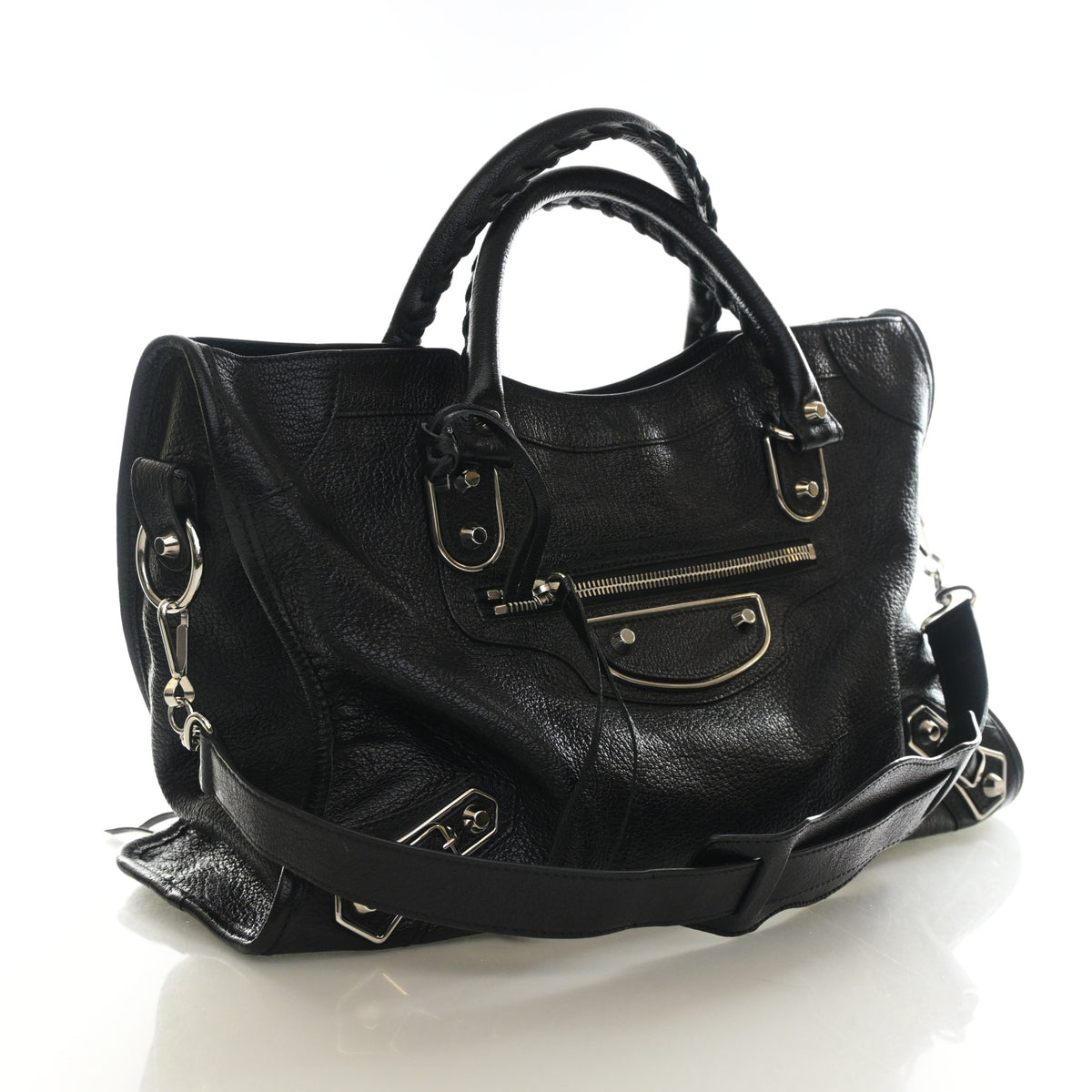 Pre-Owned Balenciaga Medium Goatskin Metallic Edge City Bag, three-quarter view, authenticated at Luxe Du Jour
