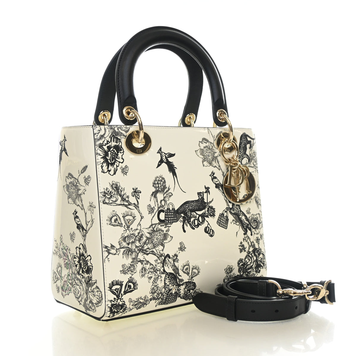 Pre-Owned Christian Dior Lady Dior Medium Patent Leather Toile De Jouy, three-quarter view, authenticated at Luxe Du Jour
