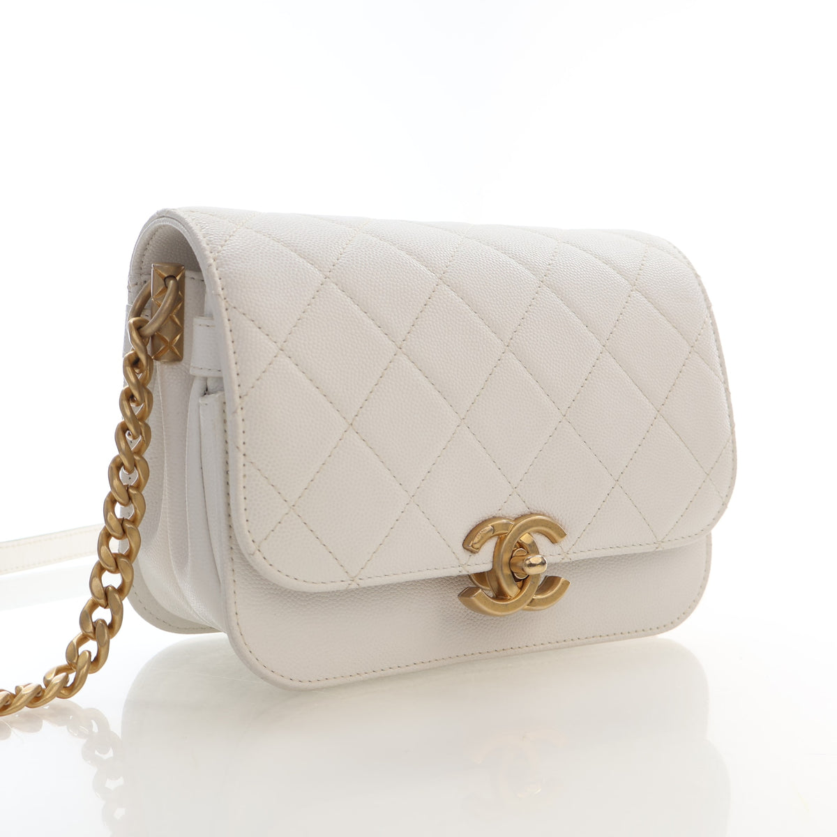 Pre-Owned Chanel Flap Bag Mini Caviar Leather Chain Melody, three-quarter view, authenticated at Luxe Du Jour