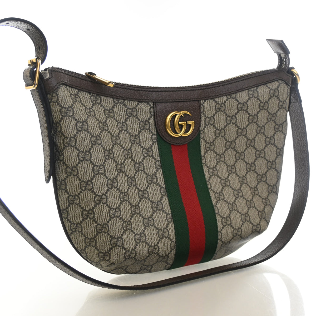 Pre-Owned Gucci Ophidia Small GG Supreme Half Moon Hobo, three-quarter view, authenticated at Luxe Du Jour