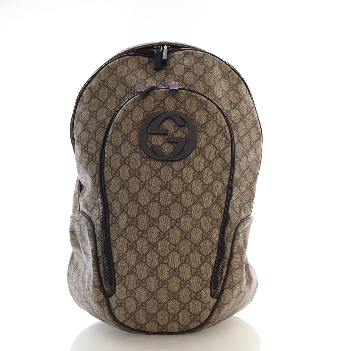 Pre-Owned Gucci Backpack GG Plus Monogram, front view, authenticated at Luxe Du Jour
