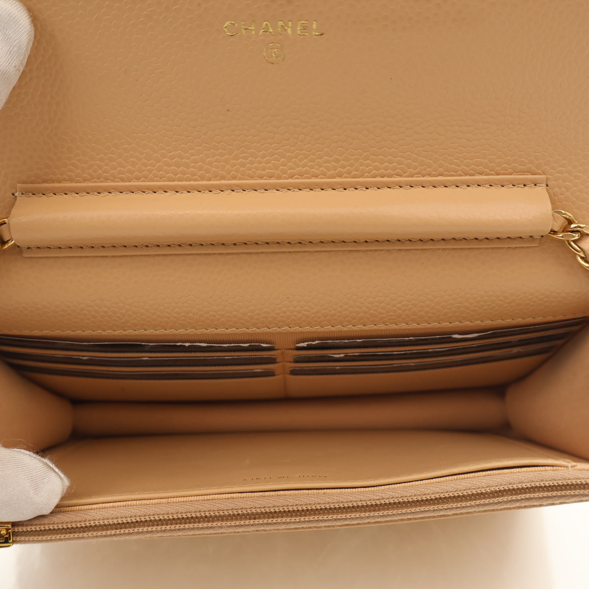 Pre-Owned Chanel Wallet On Chain Caviar Leather WOC, open interior with lining