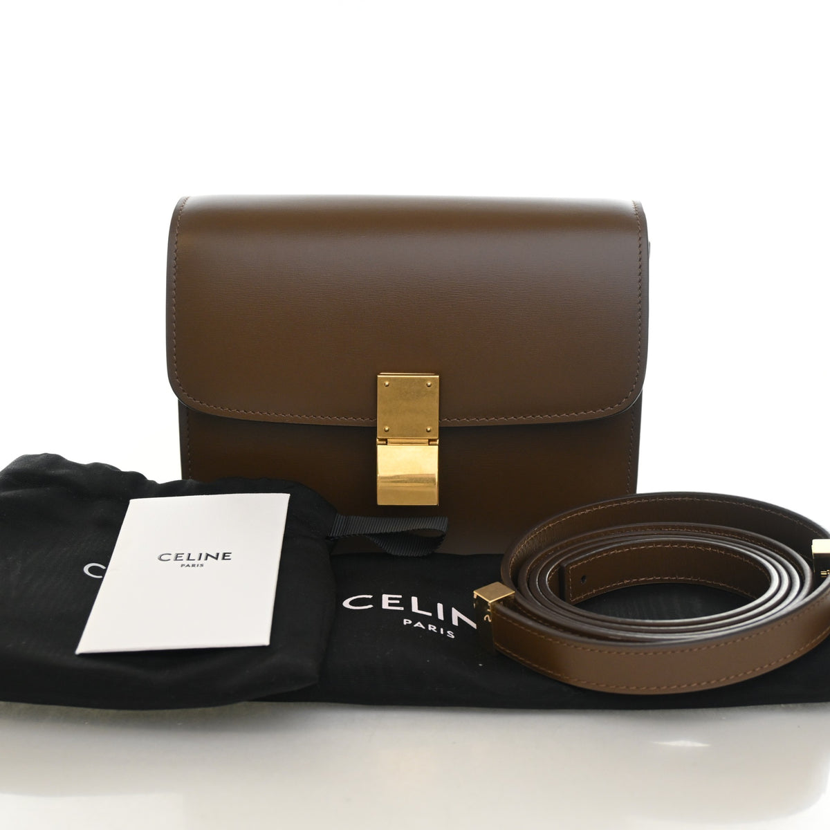 Pre-Owned Celine Teen Calfskin Classic Box Bag, shown with dust bag and packaging