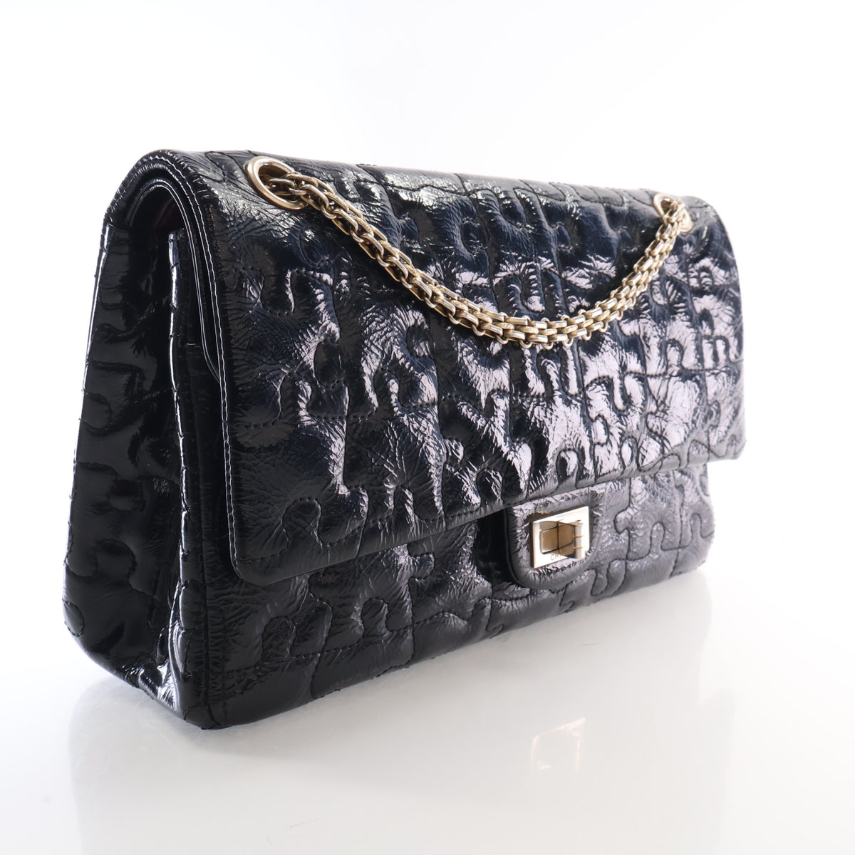 Pre-Owned Chanel Flap Bag Medium Crinkled Patent Leather Puzzle Reissue Double, three-quarter view