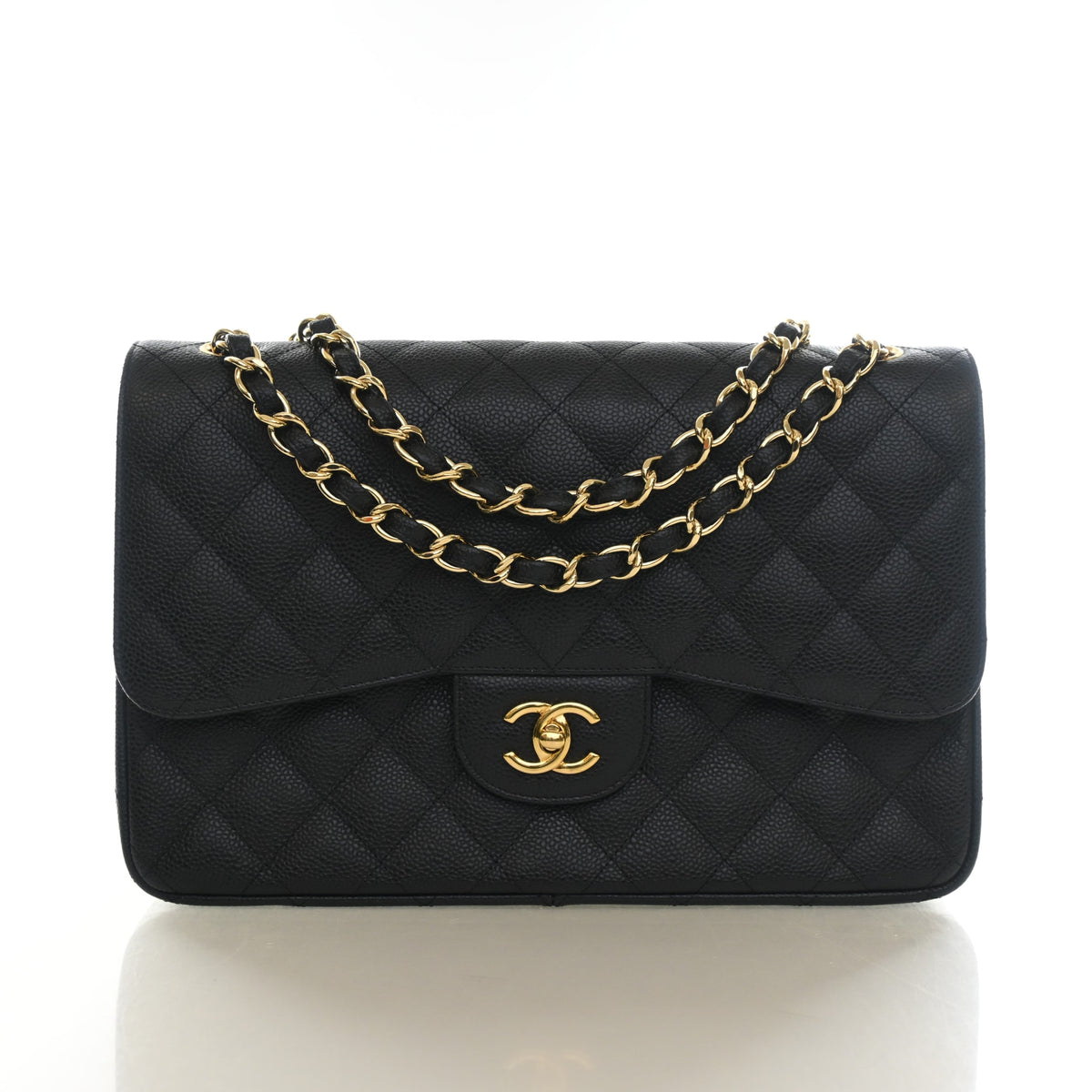 Pre-Owned Chanel Classic Double Flap Jumbo Caviar Leather Bag, front view, photo 1 of 15