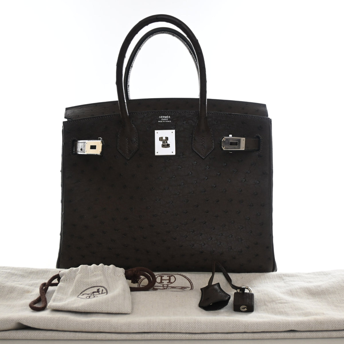 Vintage Hermès Birkin 30 Chocolat Ostrich Leather, flat lay