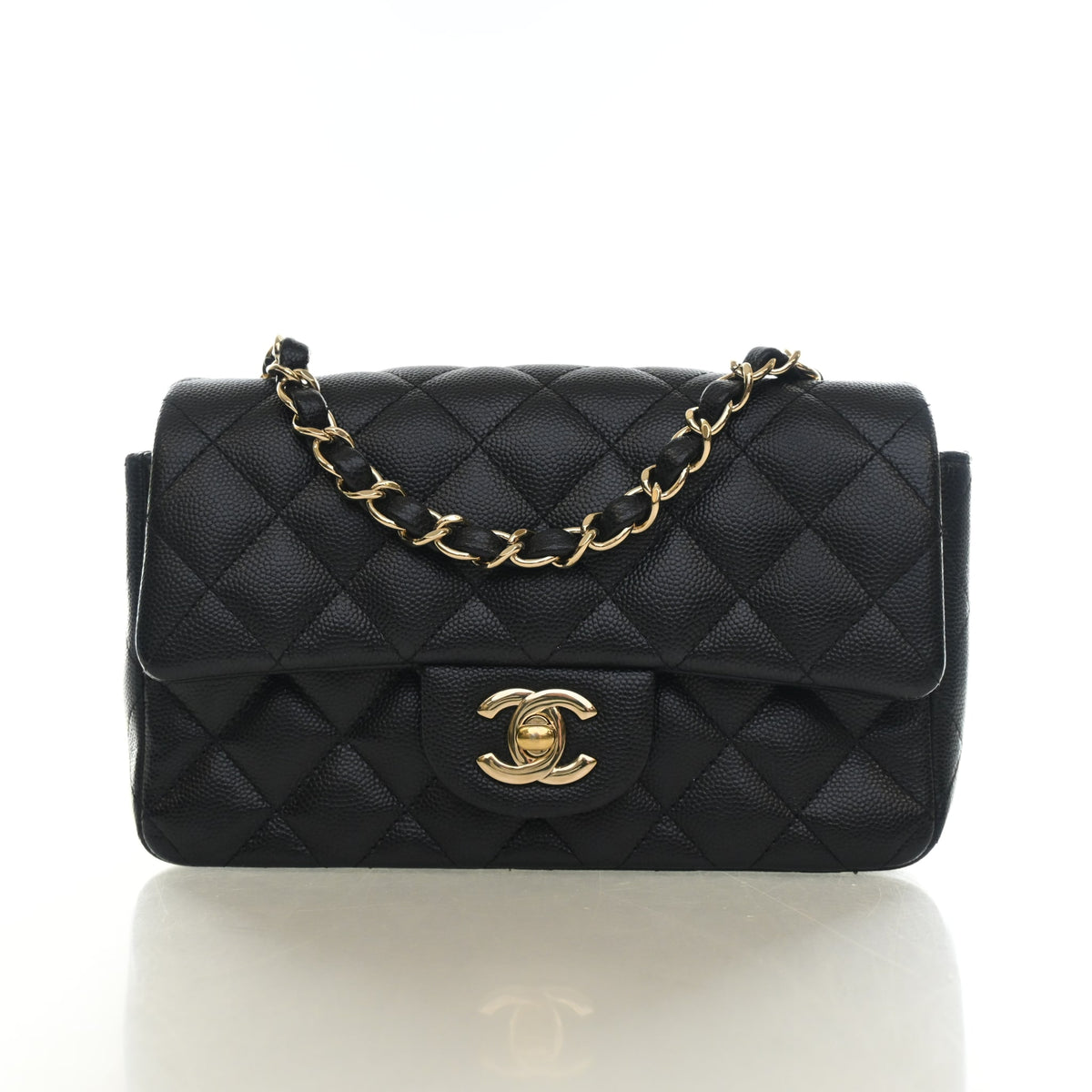 Pre-Owned Chanel Classic Flap Mini Caviar Leather Rectangular Bag, front view, authenticated at Luxe Du Jour