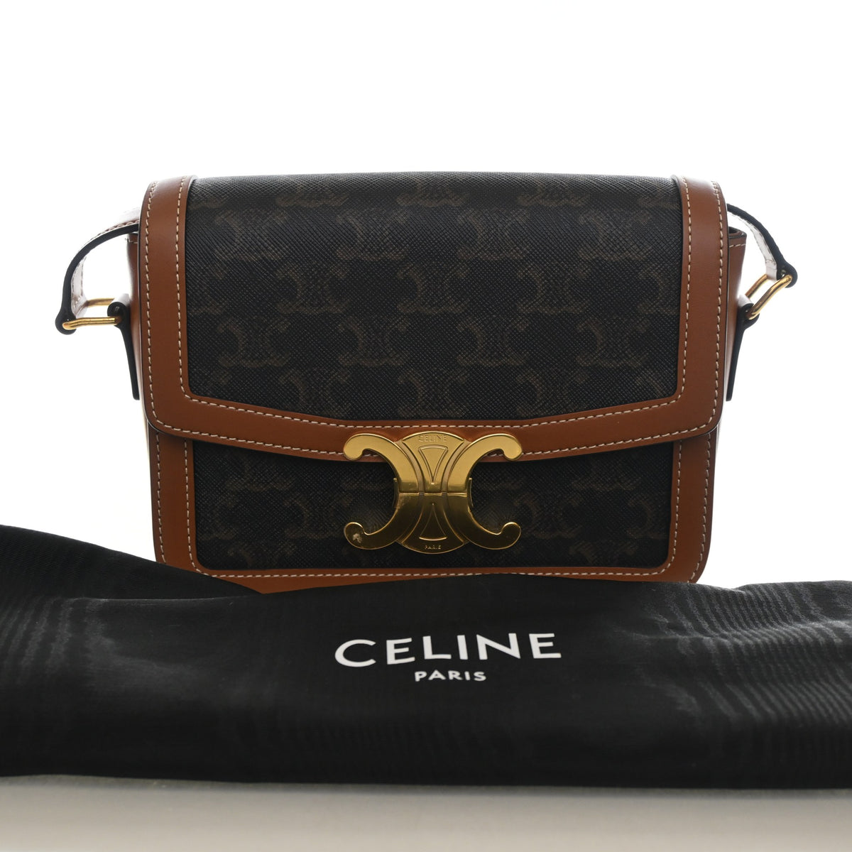 Pre-Owned Celine Flap Bag Teen Triomphe Canvas Triomphe, shown with dust bag and packaging