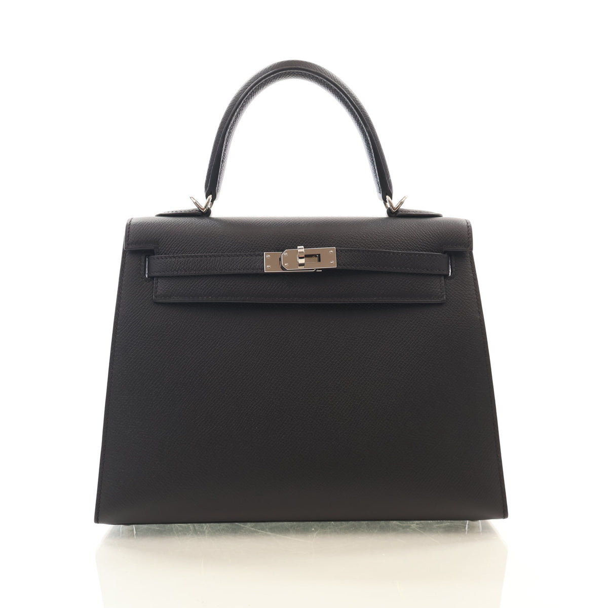Pre-Owned Hermès Kelly 25 Noir Epsom Leather, front view, authenticated at Luxe Du Jour