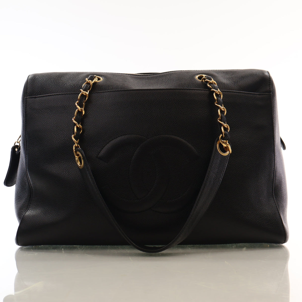 Vintage Chanel Caviar Leather Bowling Bag, front view, authenticated at Luxe Du Jour