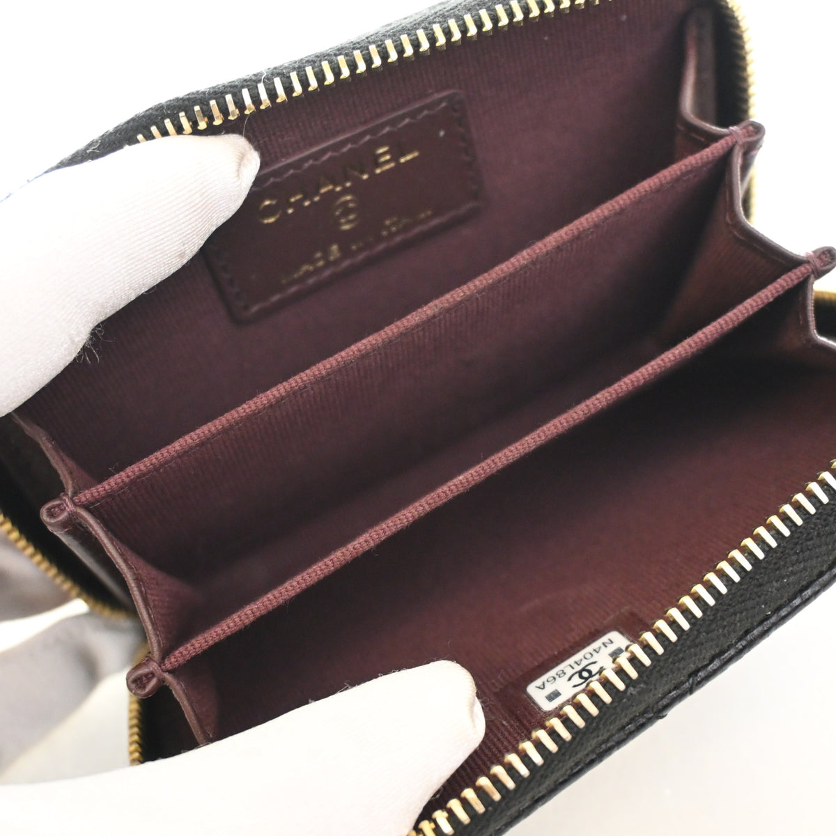 Pre-Owned Chanel Caviar Leather Classic Zipped Coin Purse, open interior with lining